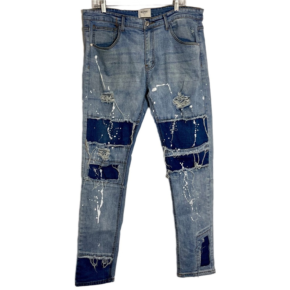 KDNK Men’s Patchwork Paint Splatter Distressed Jeans Sz 38 Streetwear Hip Hop